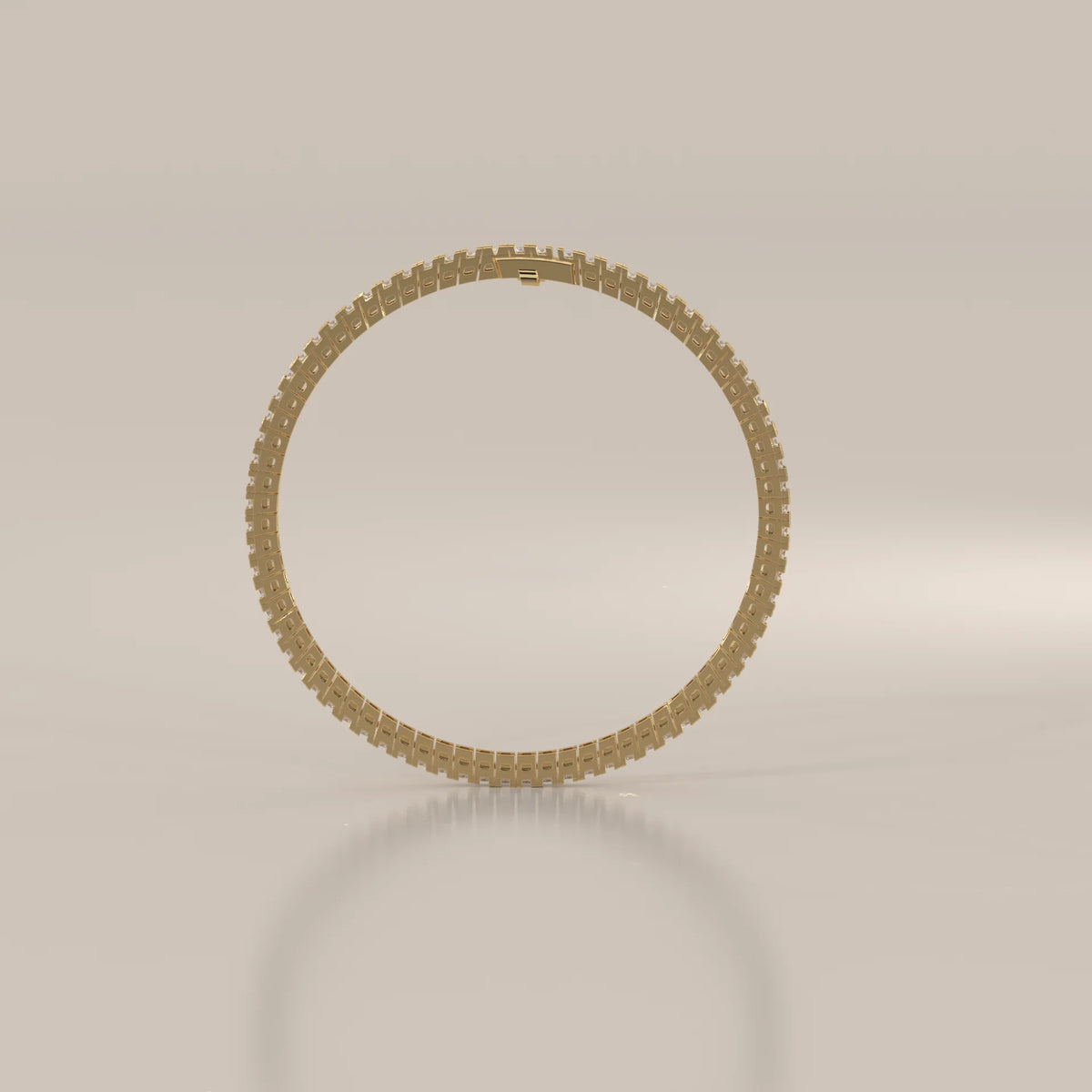 Princess Cut Lab Grown Diamond Tennis Bracelet in Box Settings in yellow gold, photographed head-on.