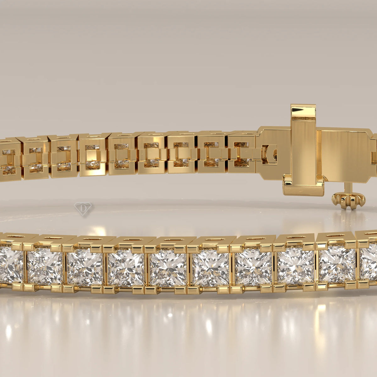 Princess Cut Lab Grown Diamond Tennis Bracelet in Box Settings in yellow gold, front view on a plain background.