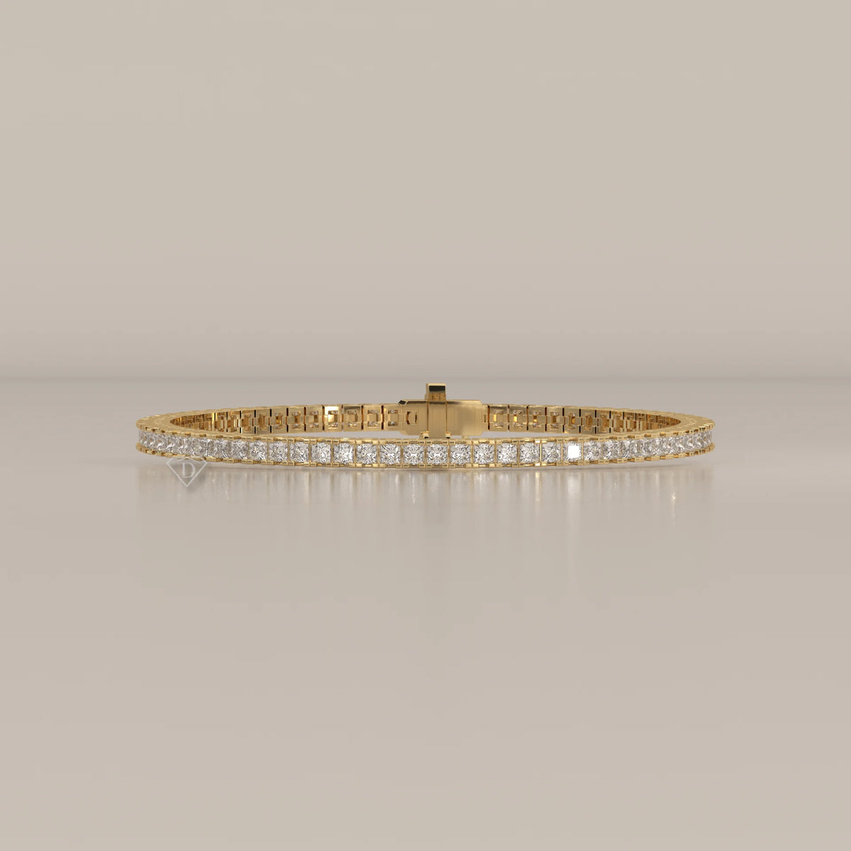 Princess Cut Lab Grown Diamond Tennis Bracelet in Box Settings in yellow gold, shown from the front.