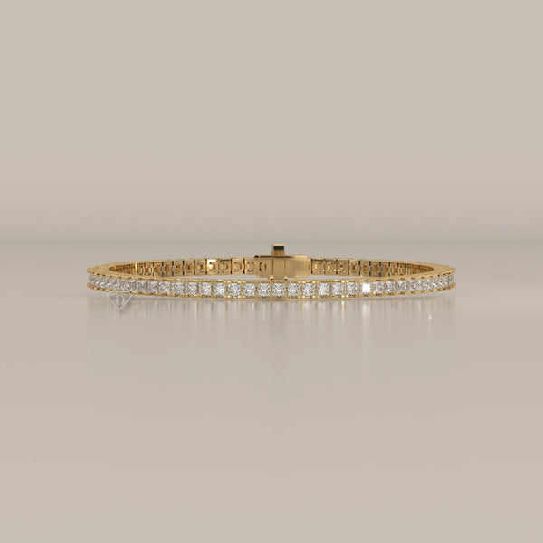 Princess Cut Lab Grown Diamond Tennis Bracelet in Box Settings in yellow gold, shown from the front.