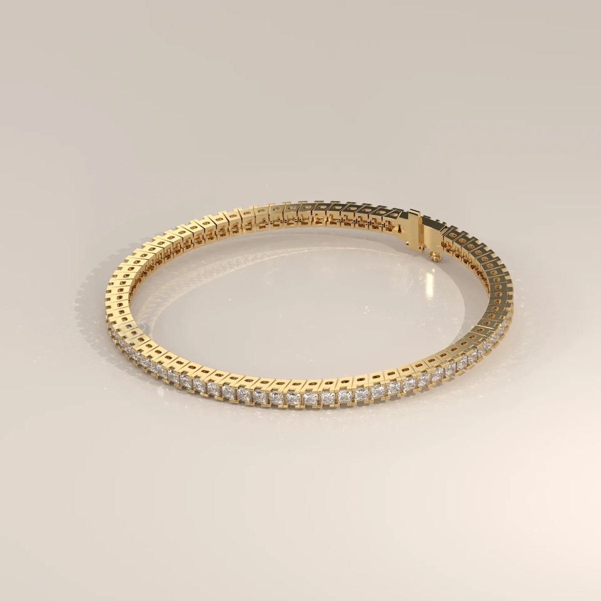 Princess Cut Lab Grown Diamond Tennis Bracelet in Box Settings in yellow gold, shown from the side.