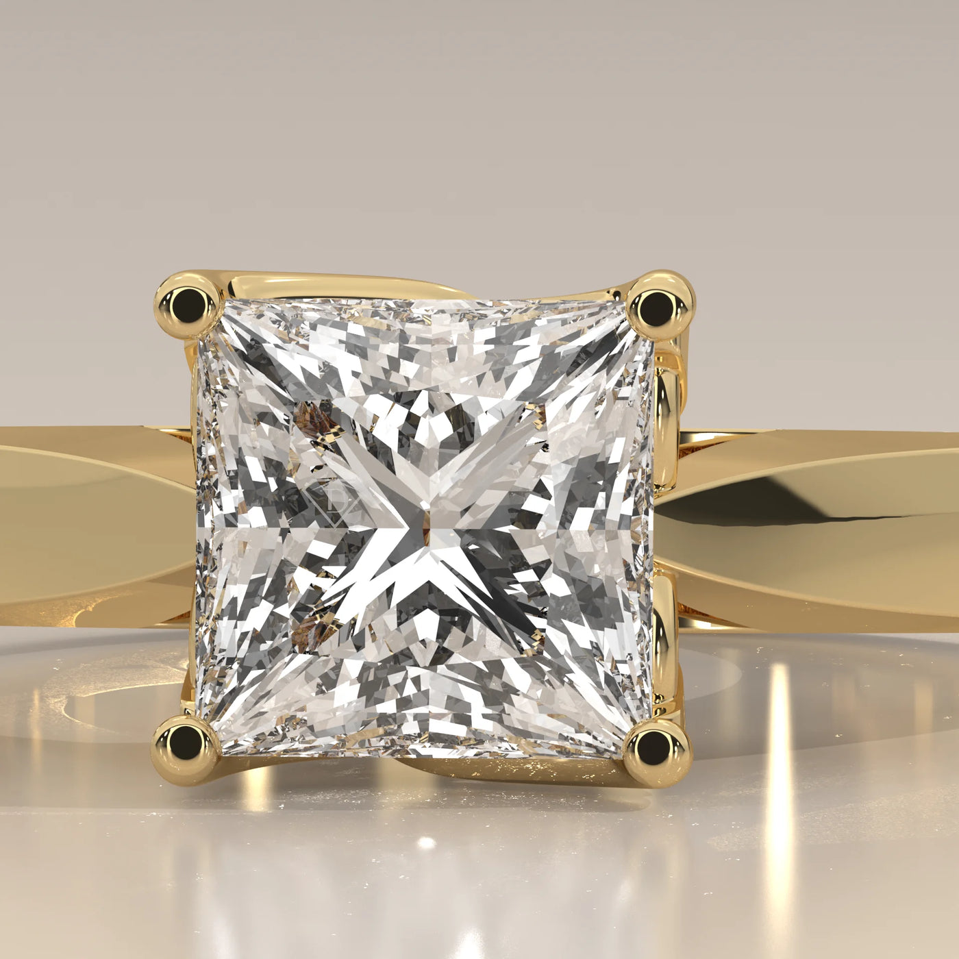Stone Detail: Princess Lab Grown Diamonds in Solitaire Setting – Yellow Gold – Driona Jewels