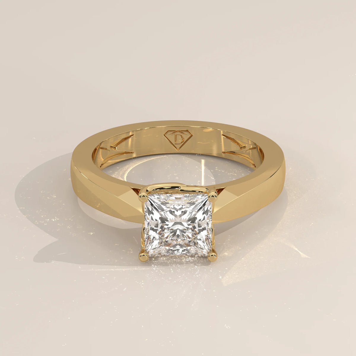 Three-Quarter View: Princess Diamond Engagement Ring with Solitaire Setting in Yellow Gold – Lab Grown – Driona Jewels