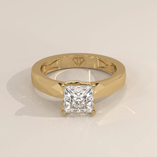 Three-Quarter View: Princess Diamond Engagement Ring with Solitaire Setting in Yellow Gold – Lab Grown – Driona Jewels