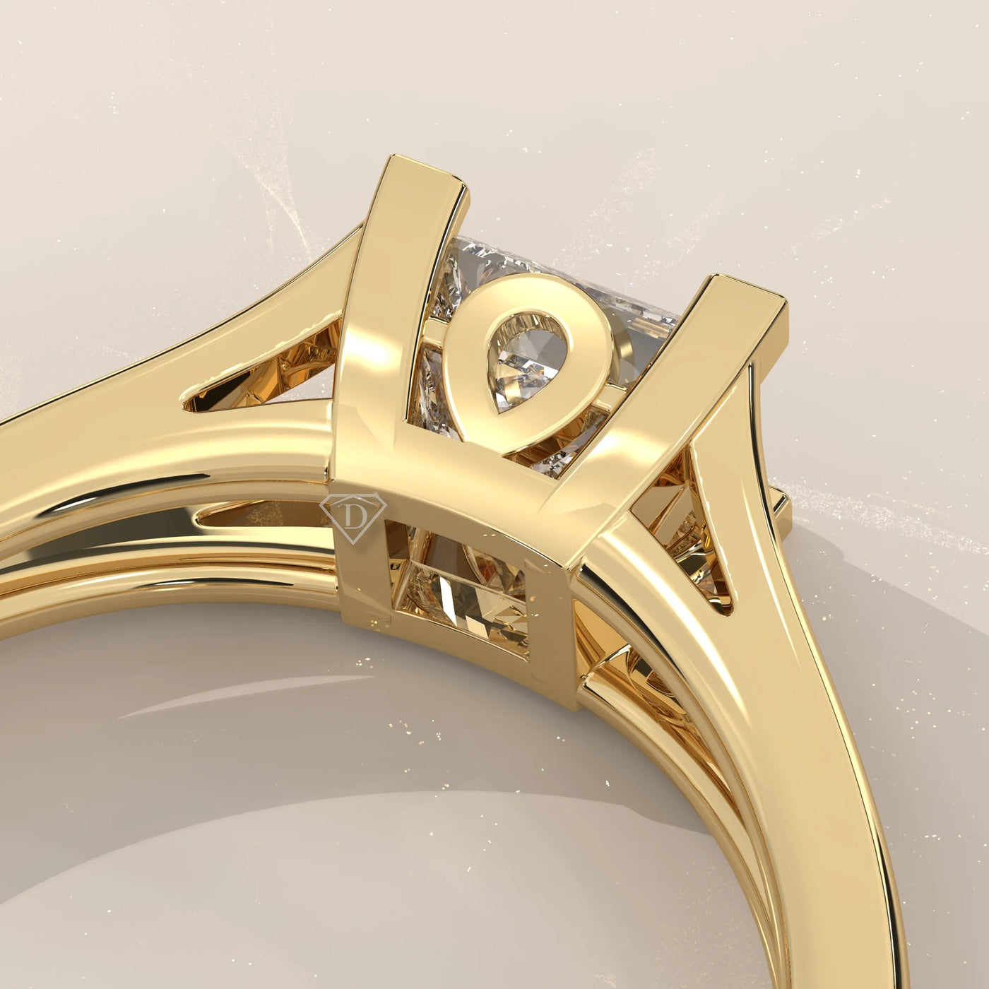 Close-Up: Princess Diamond Engagement Ring with Split Shank Setting in Yellow Gold – Lab Grown – Driona Jewels