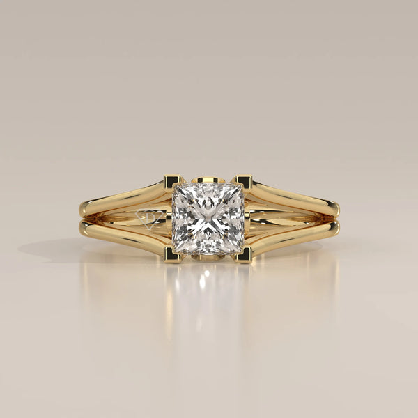 Side Profile: Princess Diamond Engagement Ring with Split Shank Setting in Yellow Gold – Lab Grown – Driona Jewels
