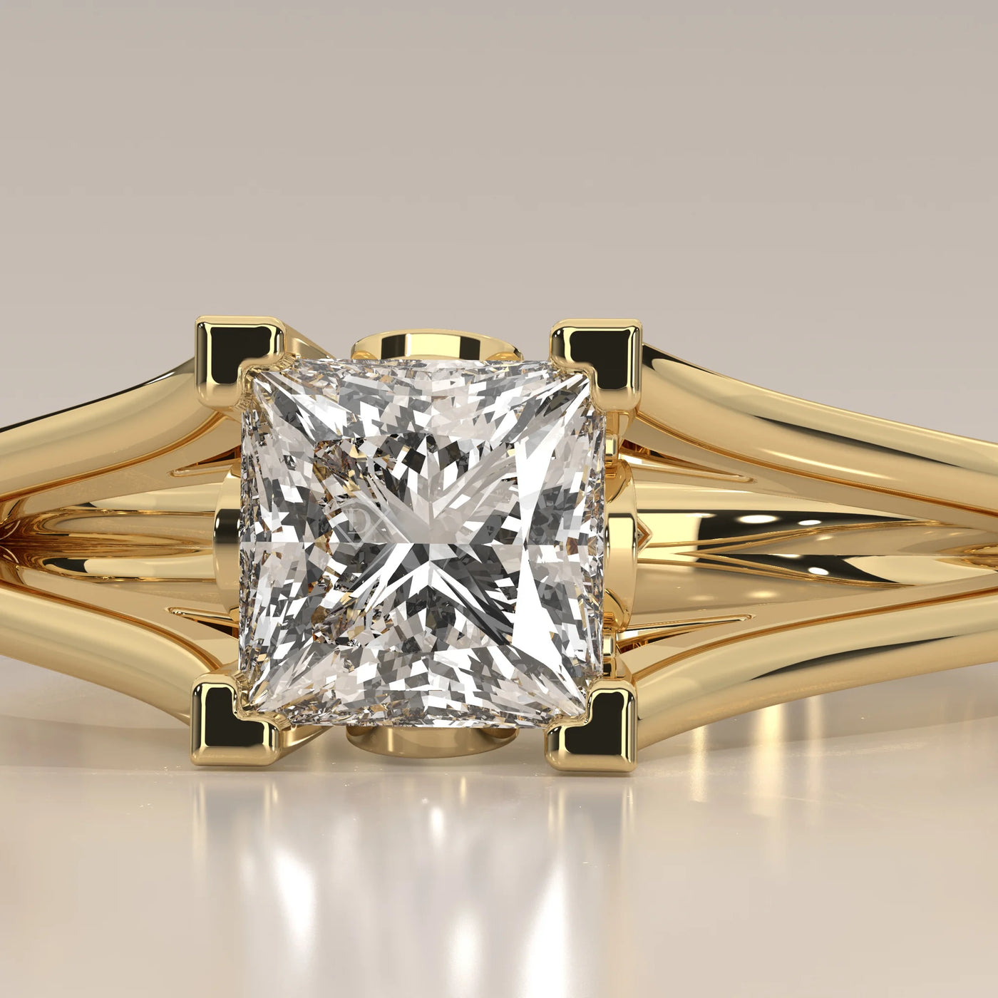 Stone Detail: Princess Lab Grown Diamonds in Split Shank Setting – Yellow Gold – Driona Jewels