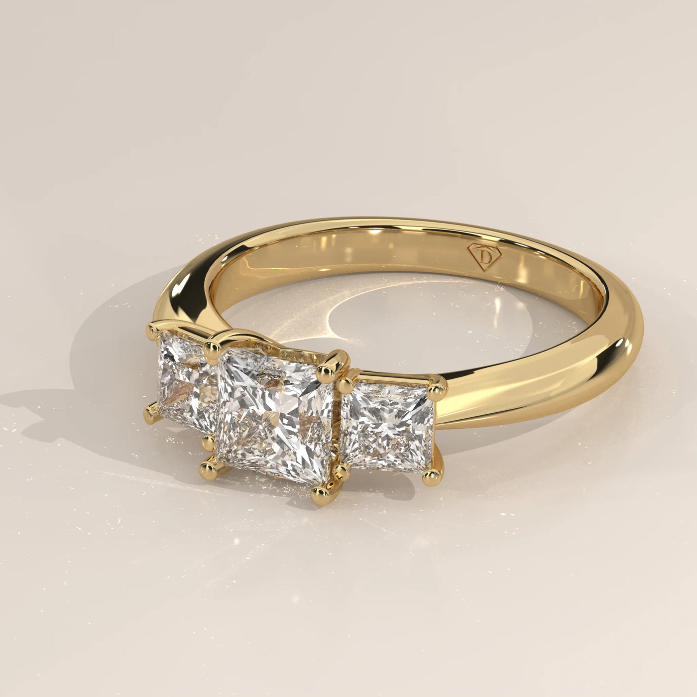 Angle View: Princess Diamond Ring with Three-Stone Setting in Yellow Gold – Lab Grown – Driona Jewels