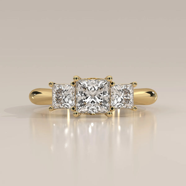 Side Profile: Princess Diamond Ring with Three-Stone Setting in Yellow Gold – Lab Grown – Driona Jewels
