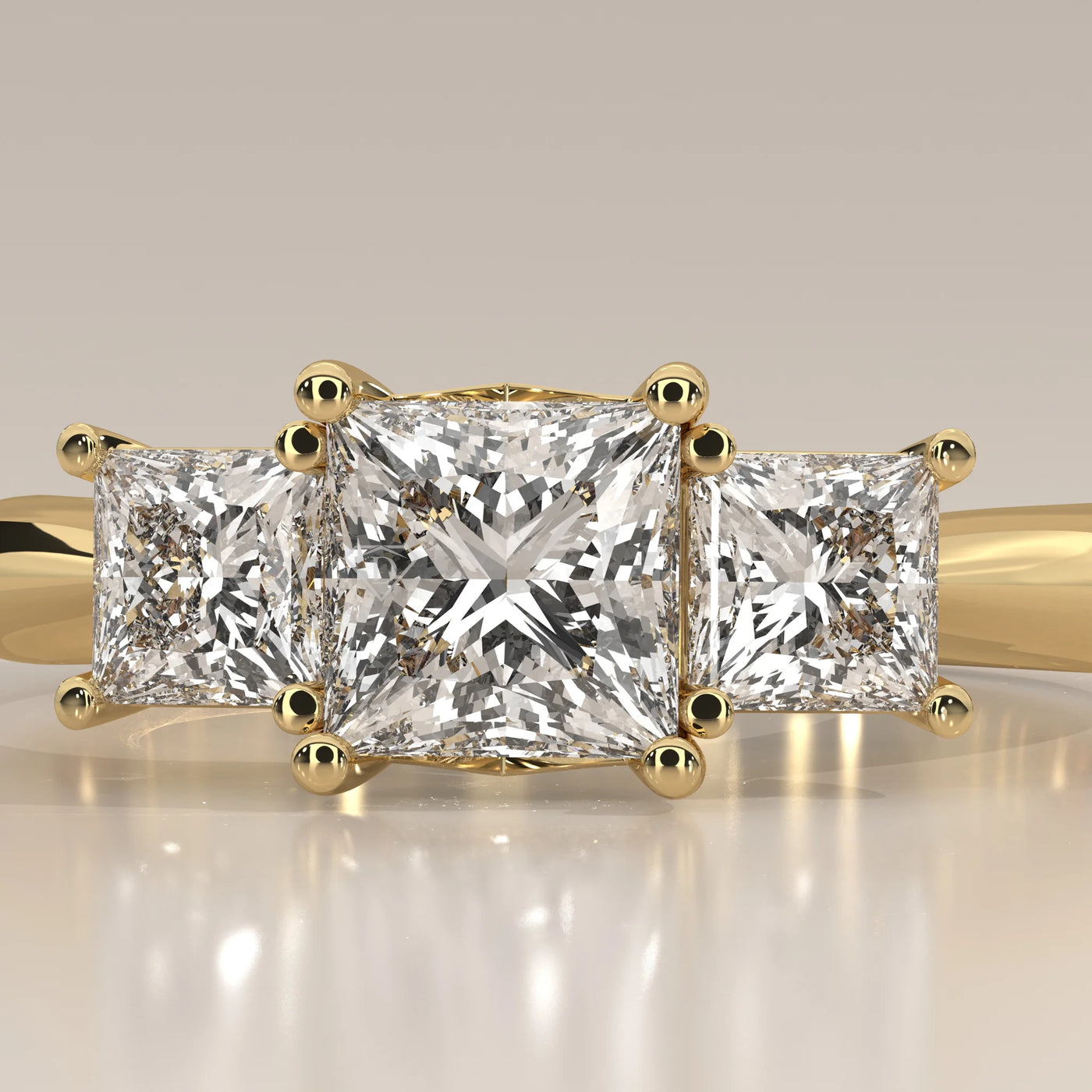 Stone Detail: Princess Lab Grown Diamonds in Three-Stone Setting – Yellow Gold – Driona Jewels