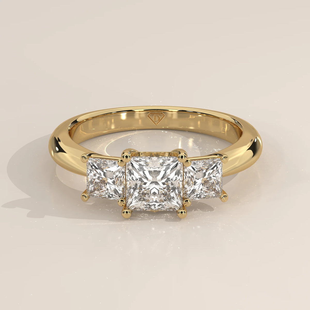 Three-Quarter View: Princess Diamond Ring with Three-Stone Setting in Yellow Gold – Lab Grown – Driona Jewels