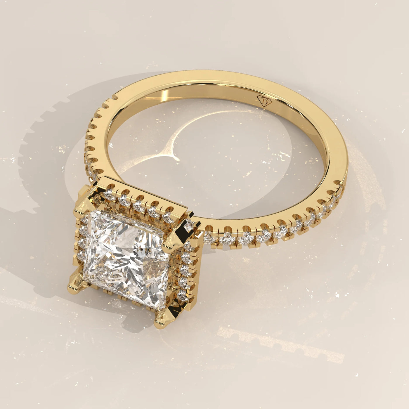 Angle View: Princess Diamond Engagement Ring with Halo Setting in Yellow Gold – Lab Grown – Driona Jewels