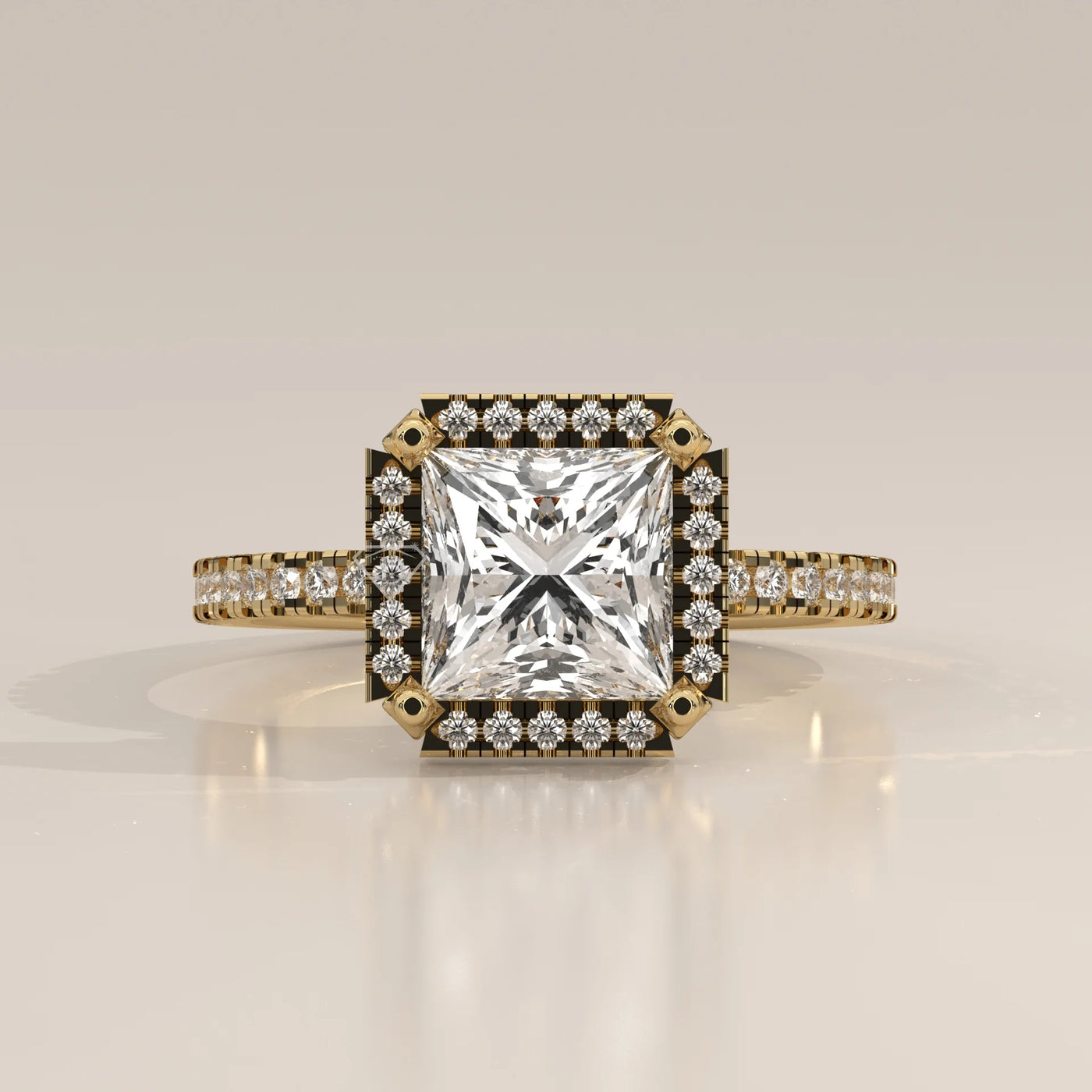 Side Profile: Princess Diamond Engagement Ring with Halo Setting in Yellow Gold – Lab Grown – Driona Jewels