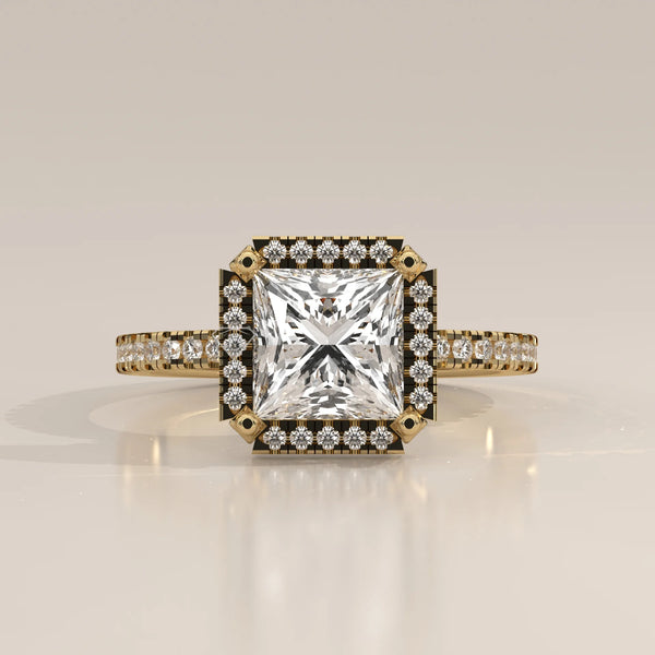 Side Profile: Princess Diamond Engagement Ring with Halo Setting in Yellow Gold – Lab Grown – Driona Jewels