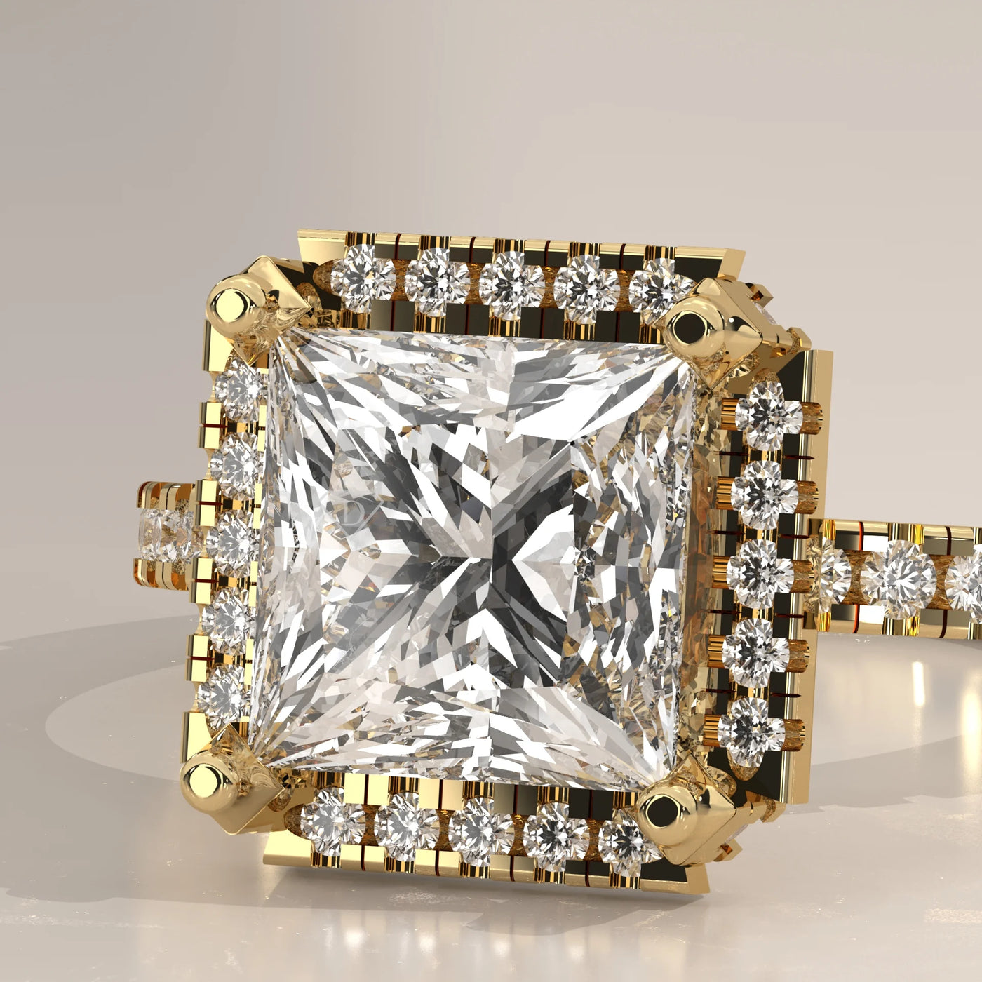 Stone Detail: Princess Lab Grown Diamonds in Halo Setting – Yellow Gold – Driona Jewels