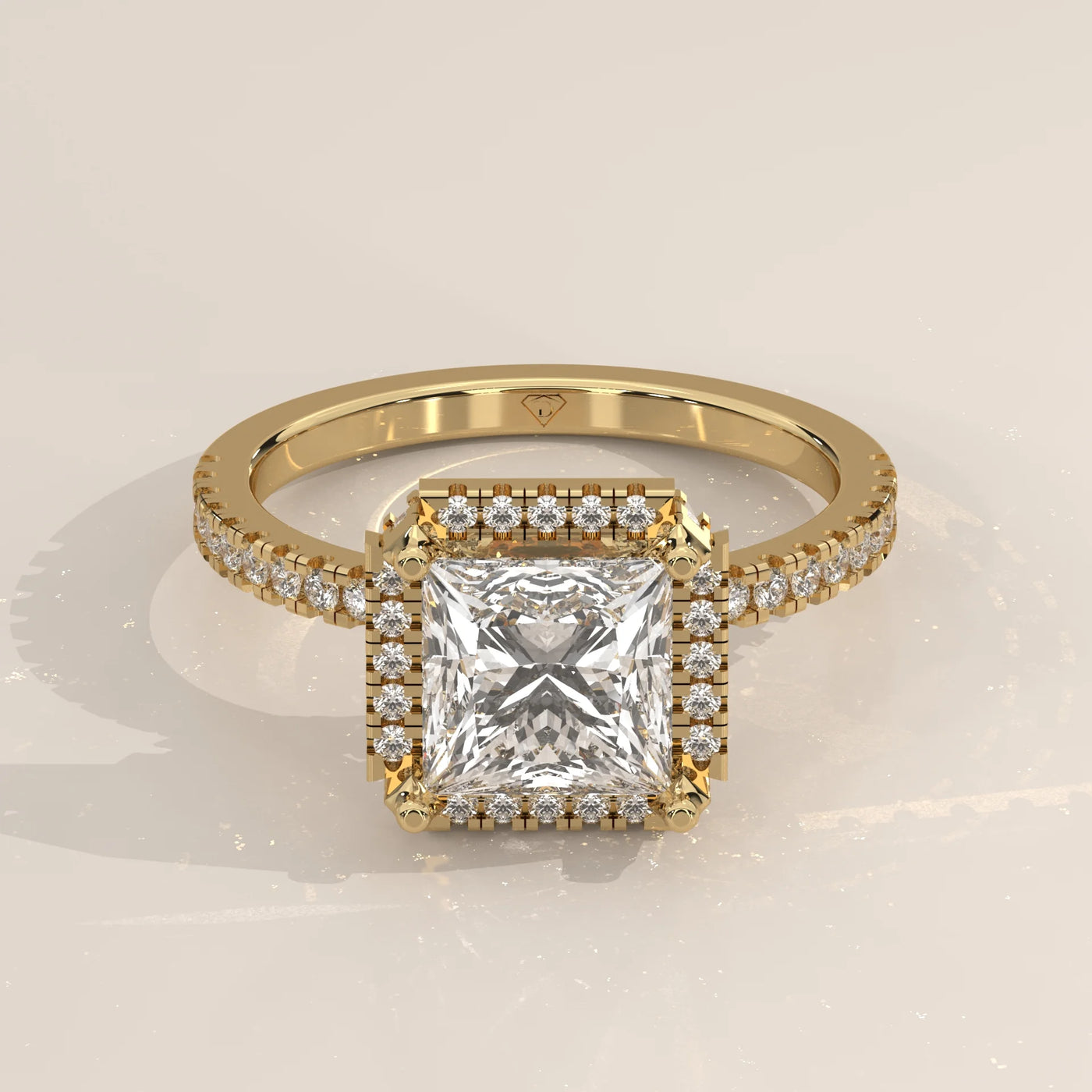 Three-Quarter View: Princess Diamond Engagement Ring with Halo Setting in Yellow Gold – Lab Grown – Driona Jewels