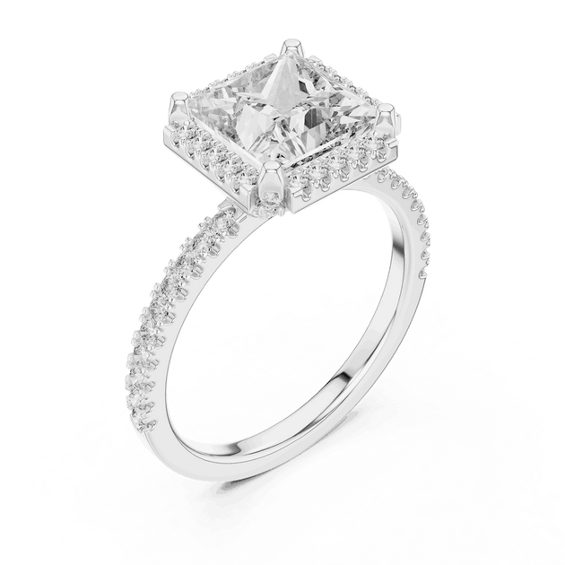 Princess Cut Halo Engagement Ring - Pave Diamond Band