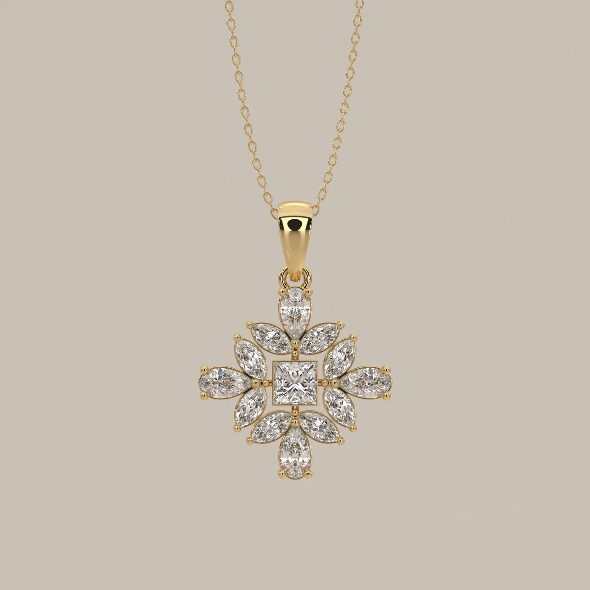 Princess Lab Grown Diamond Pendant with Marquise and Pear Petals in yellow gold, shown from the front.