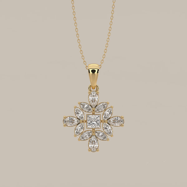 Princess Lab Grown Diamond Pendant with Marquise and Pear Petals in yellow gold, shown from the front.