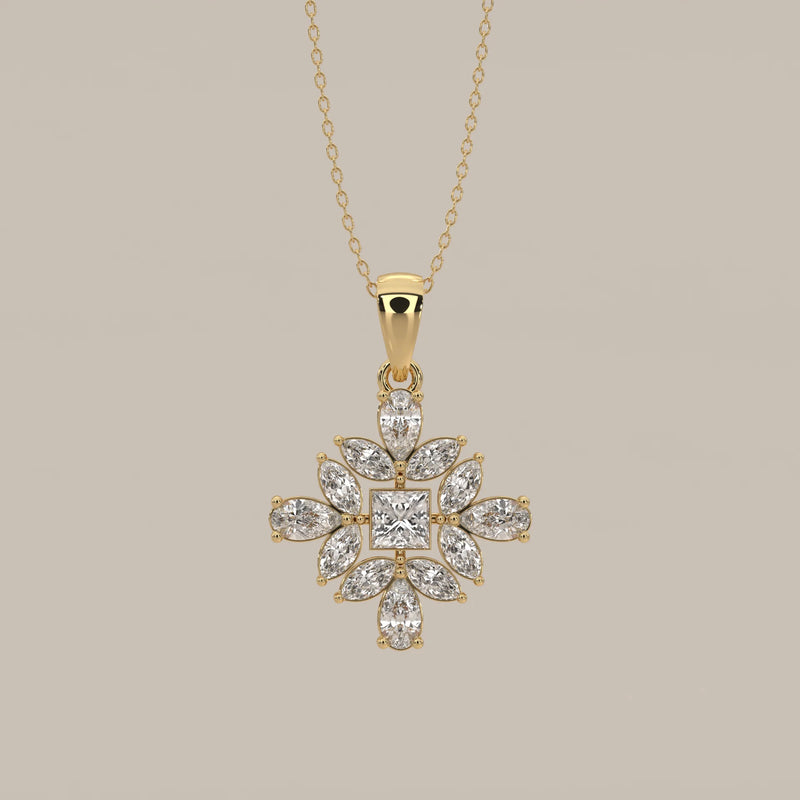 Princess Lab Grown Diamond Pendant with Marquise and Pear Petals in yellow gold, shown from the front.