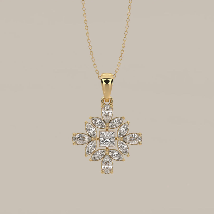 Princess Lab Grown Diamond Pendant with Marquise and Pear Petals in yellow gold, shown from the front.