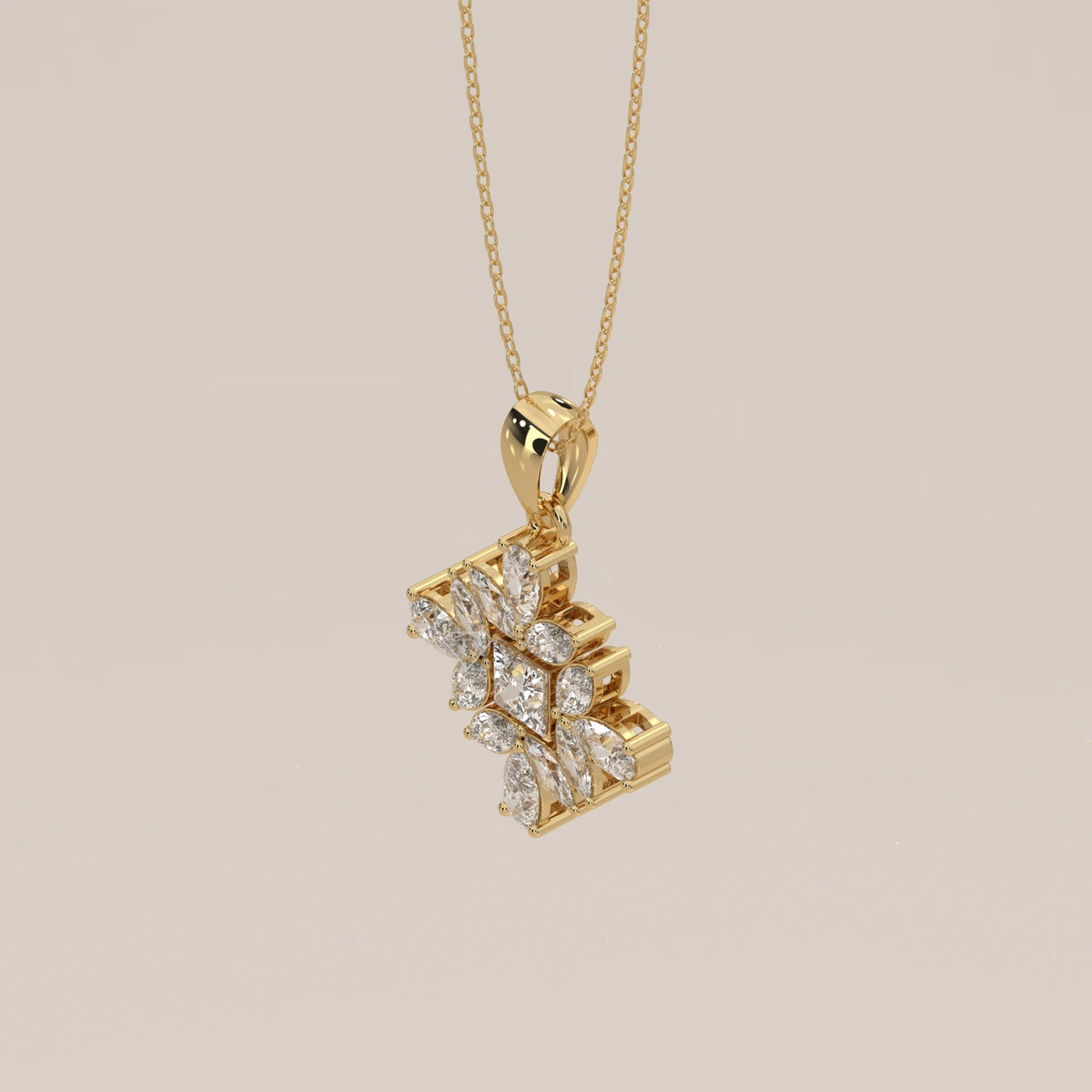 Princess Lab Grown Diamond Pendant with Marquise and Pear Petals in yellow gold, shown from the side.