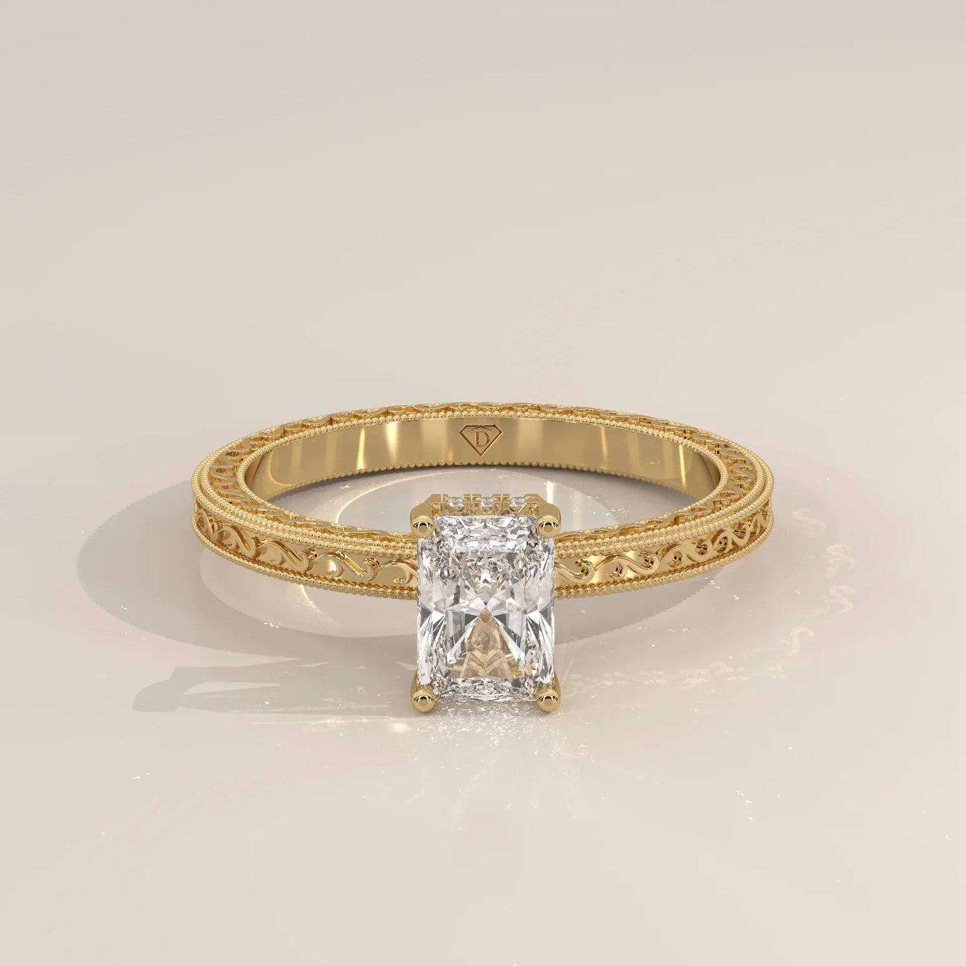 Front View: Radiant Diamond Engagement Ring with Prong Setting in Yellow Gold – Lab Grown – Driona Jewels