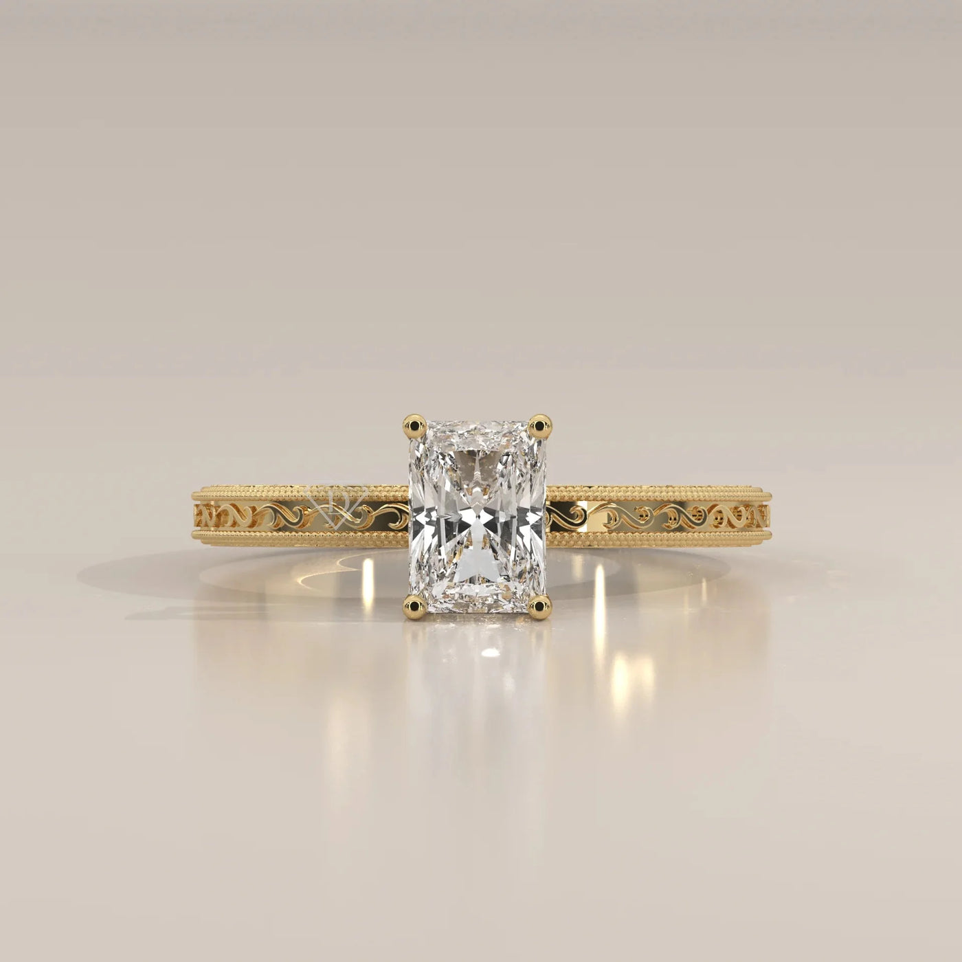 Front View: Radiant Diamond Engagement Ring with Prong Setting in Yellow Gold – Lab Grown – Driona Jewels