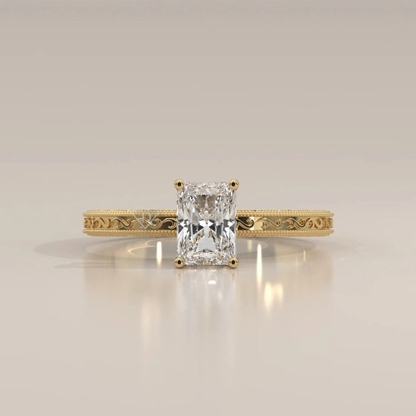 Front View: Radiant Diamond Engagement Ring with Prong Setting in Yellow Gold – Lab Grown – Driona Jewels