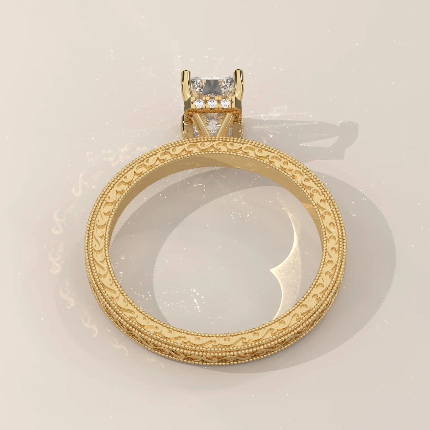 Top View: Radiant Diamond Engagement Ring with Prong Setting in Yellow Gold – Lab Grown – Driona Jewels