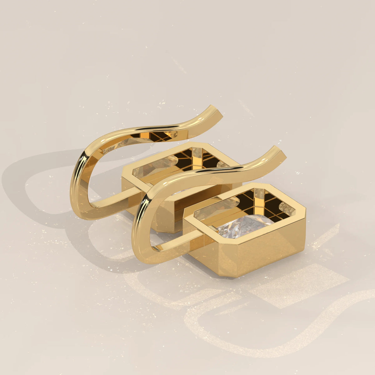 Radiant Cut Bezel Lab Grown Diamond Drop Earrings on Gold Hook in yellow gold, product photograph on a plain background.