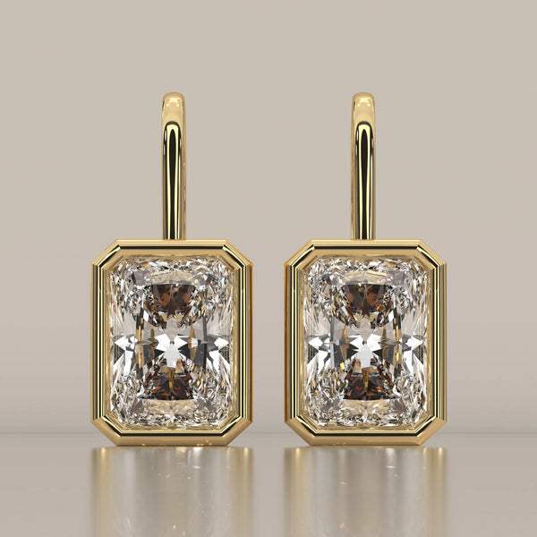 Radiant Cut Bezel Lab Grown Diamond Drop Earrings on Gold Hook in yellow gold, shown from the front.