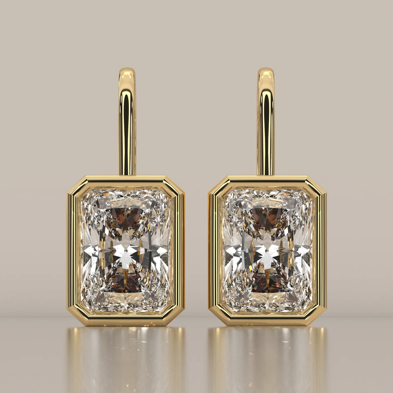 Radiant Cut Bezel Lab Grown Diamond Drop Earrings on Gold Hook in yellow gold, shown from the front.