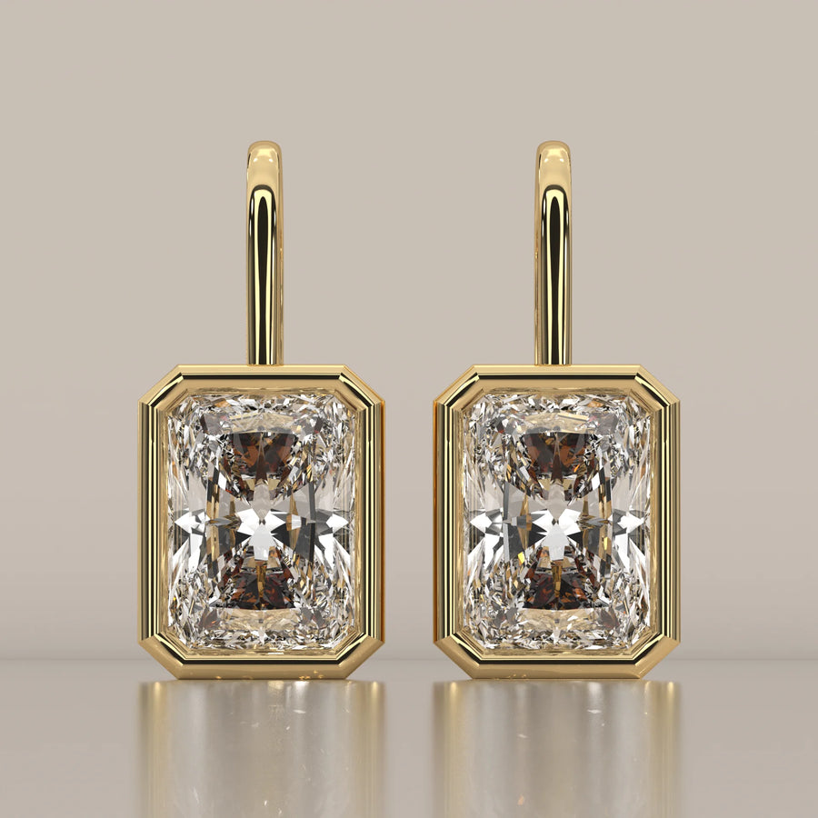 Radiant Cut Bezel Lab Grown Diamond Drop Earrings on Gold Hook in yellow gold, shown from the front.