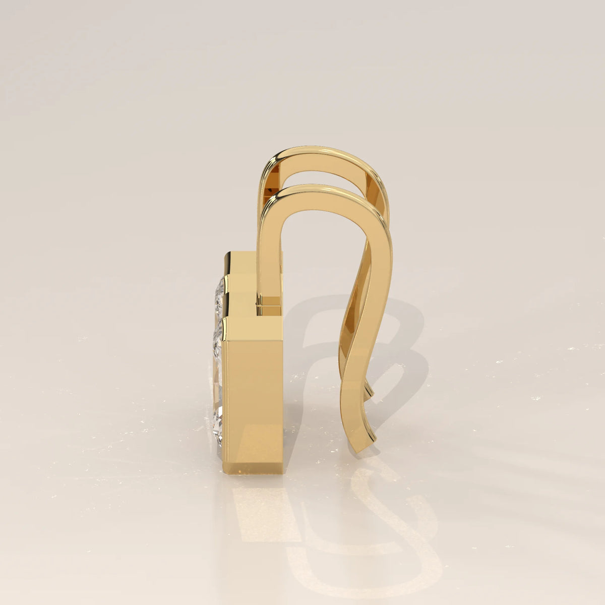 Radiant Cut Bezel Lab Grown Diamond Drop Earrings on Gold Hook in yellow gold, shown from the side.