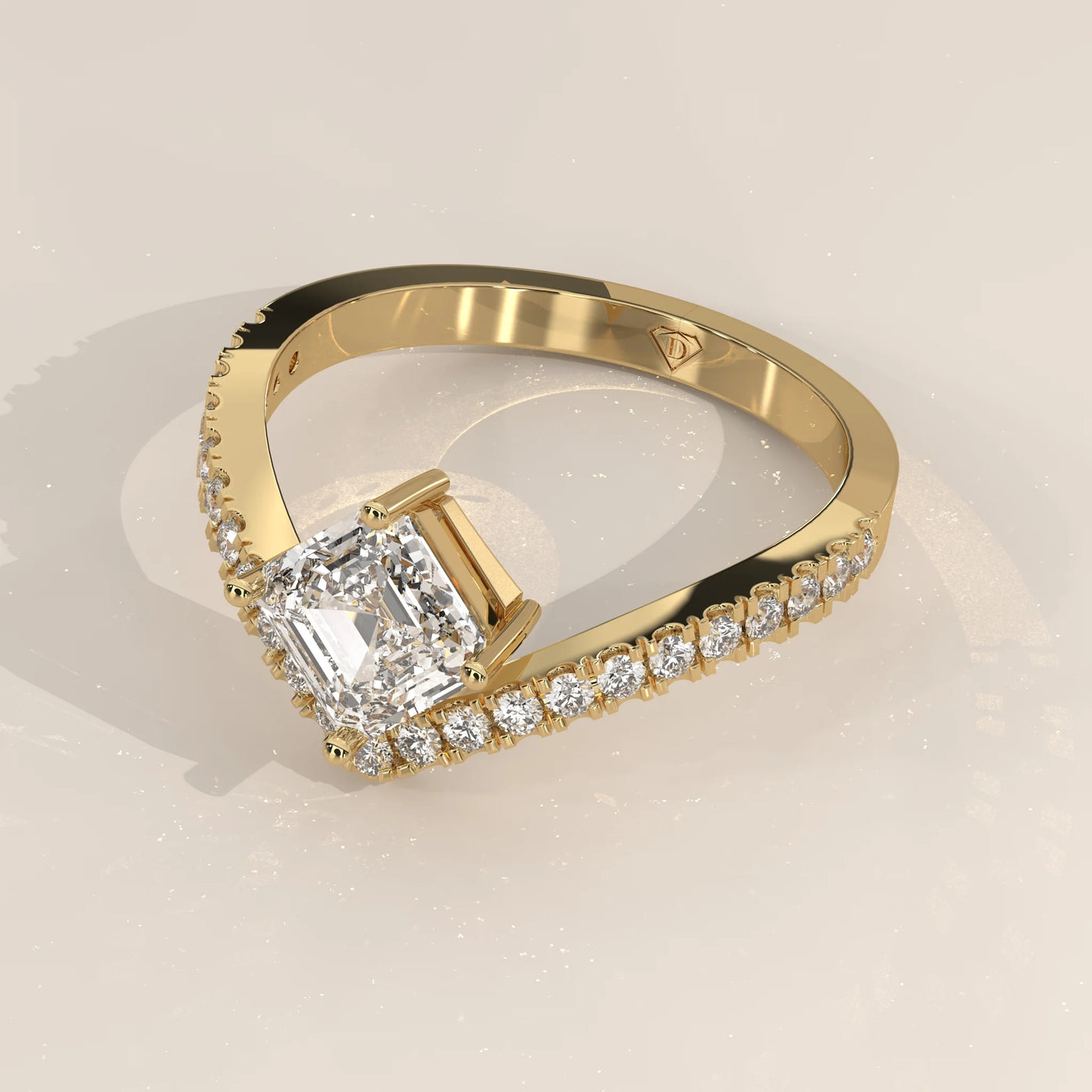 Angle View: Radiant Diamond Engagement Ring with Pavé Setting in Yellow Gold – Lab Grown – Driona Jewels