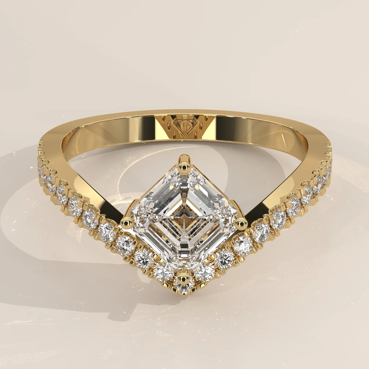 Three-Quarter View: Radiant Diamond Engagement Ring with Pavé Setting in Yellow Gold – Lab Grown – Driona Jewels