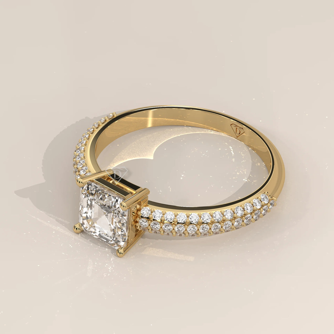 Angle View: Radiant Diamond Ring with Pavé Setting in Yellow Gold – Lab Grown – Driona Jewels
