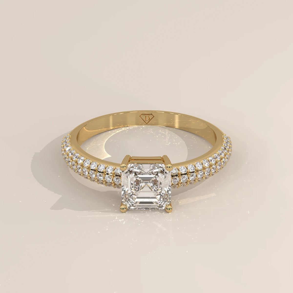 Three-Quarter View: Radiant Diamond Ring with Pavé Setting in Yellow Gold – Lab Grown – Driona Jewels