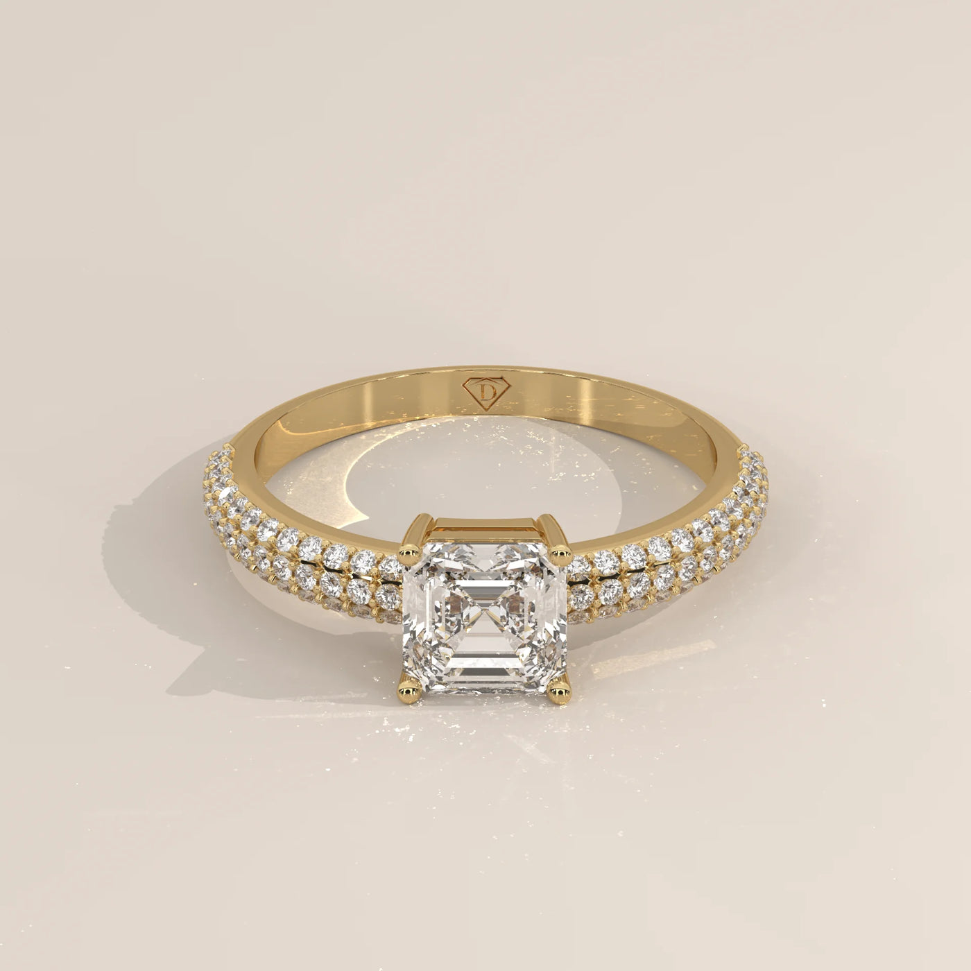 Three-Quarter View: Radiant Diamond Ring with Pavé Setting in Yellow Gold – Lab Grown – Driona Jewels