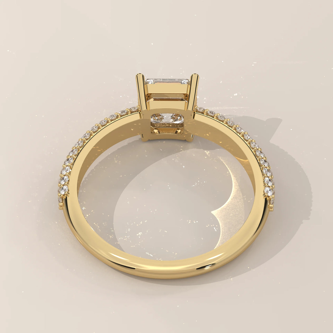 Top View: Radiant Diamond Ring with Pavé Setting in Yellow Gold – Lab Grown – Driona Jewels