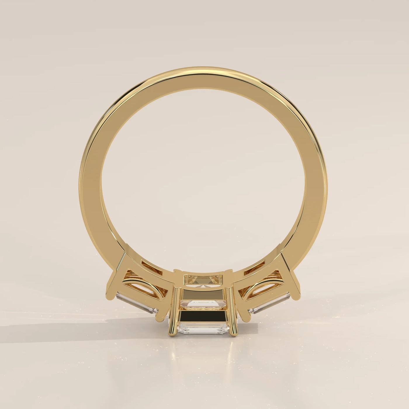 Front View: Radiant Diamond Ring with Three-Stone Setting in Yellow Gold – Lab Grown – Driona Jewels