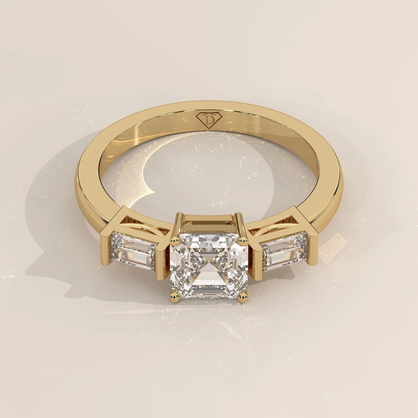 Three-Quarter View: Radiant Diamond Ring with Three-Stone Setting in Yellow Gold – Lab Grown – Driona Jewels