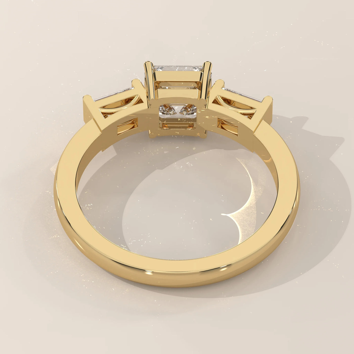 Top View: Radiant Diamond Ring with Three-Stone Setting in Yellow Gold – Lab Grown – Driona Jewels