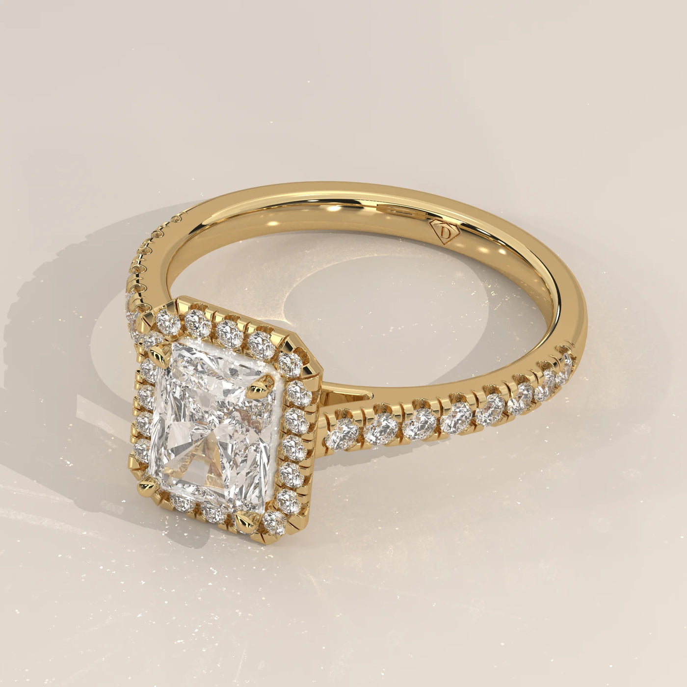 Angle View: Radiant Diamond Engagement Ring with Halo Setting in Yellow Gold – Lab Grown – Driona Jewels