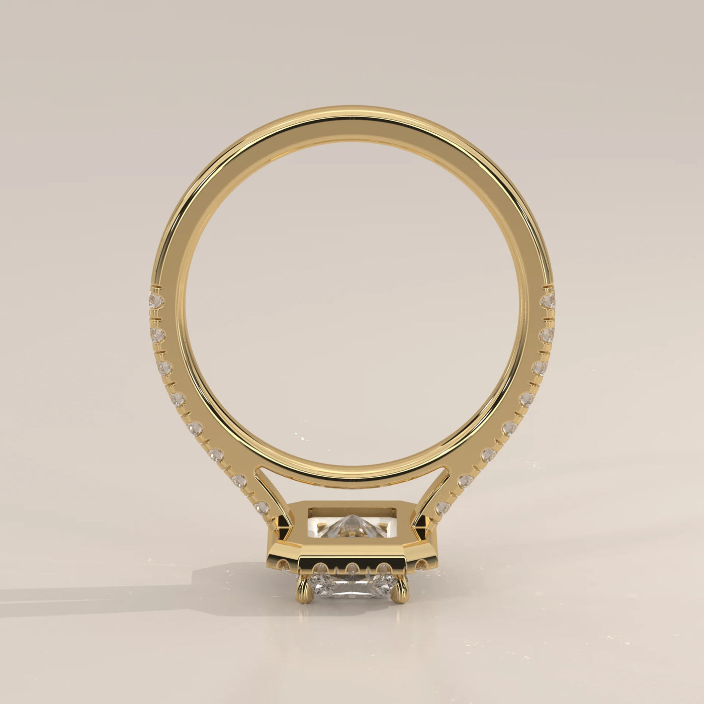 Front View: Radiant Diamond Engagement Ring with Halo Setting in Yellow Gold – Lab Grown – Driona Jewels