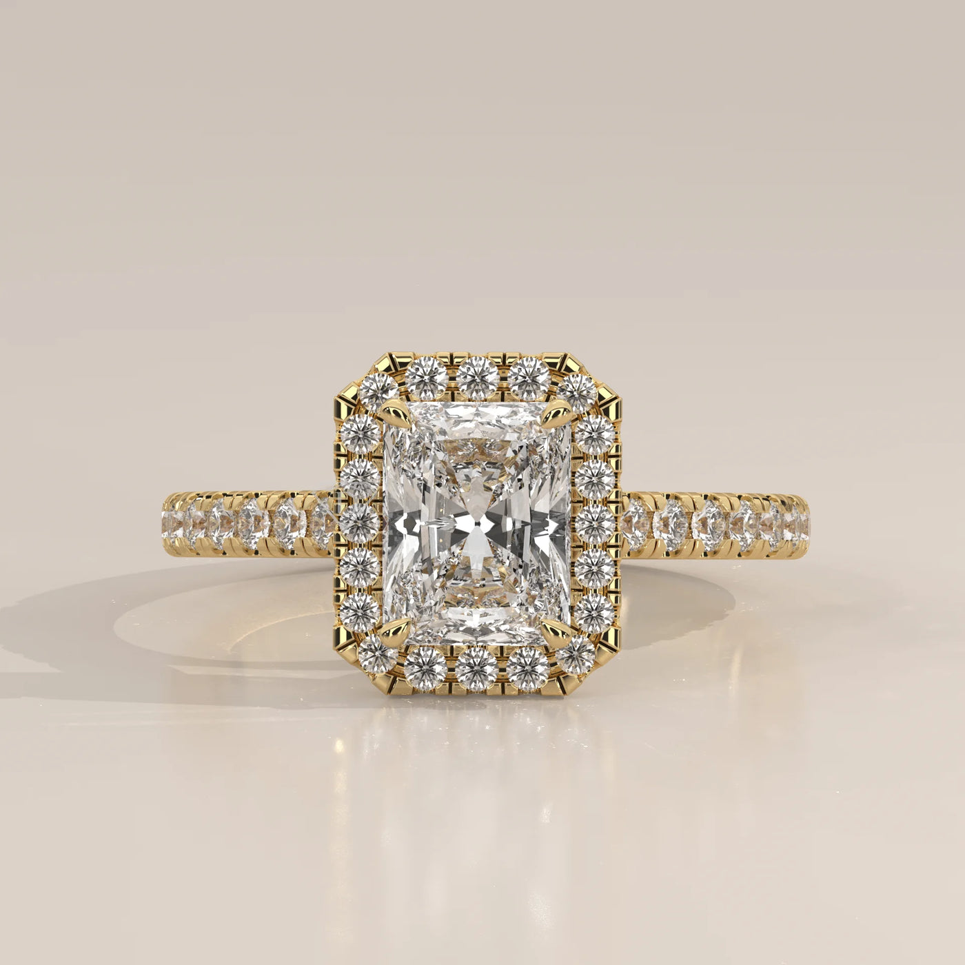 Side Profile: Radiant Diamond Engagement Ring with Halo Setting in Yellow Gold – Lab Grown – Driona Jewels