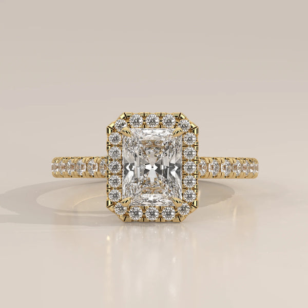 Side Profile: Radiant Diamond Engagement Ring with Halo Setting in Yellow Gold – Lab Grown – Driona Jewels