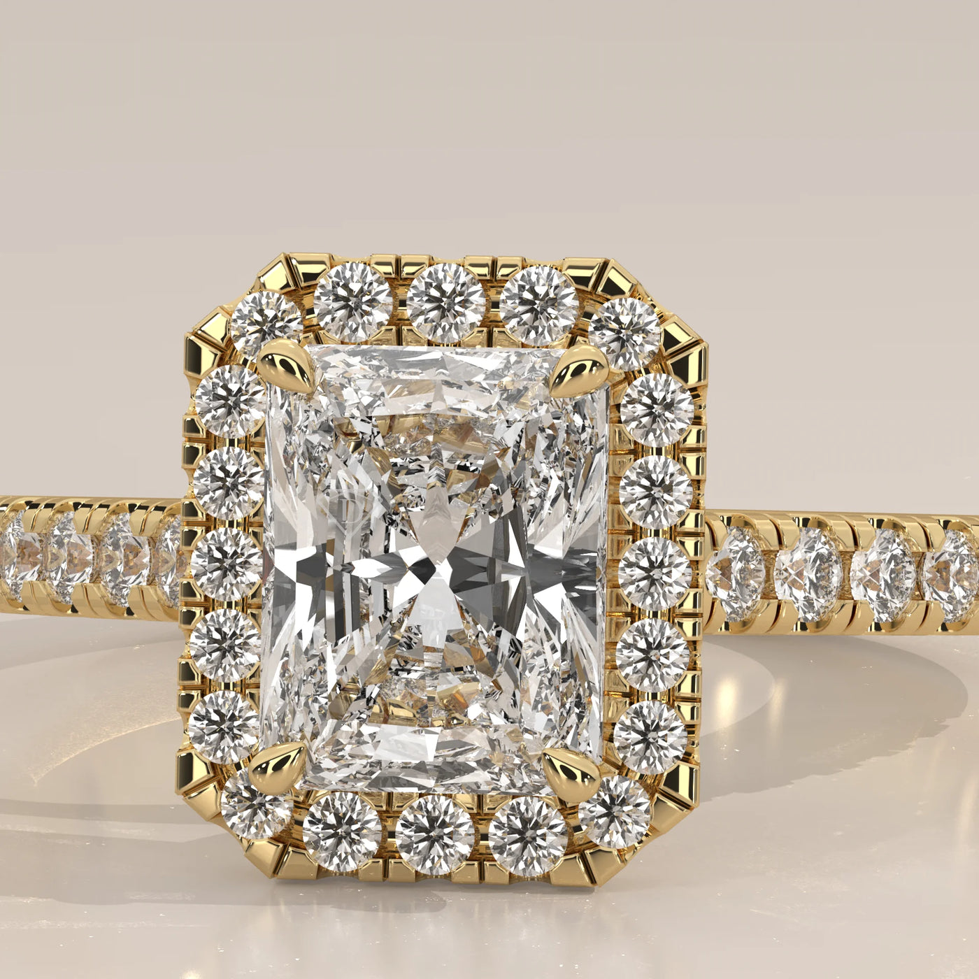 Stone Detail: Radiant Lab Grown Diamonds in Halo Setting – Yellow Gold – Driona Jewels