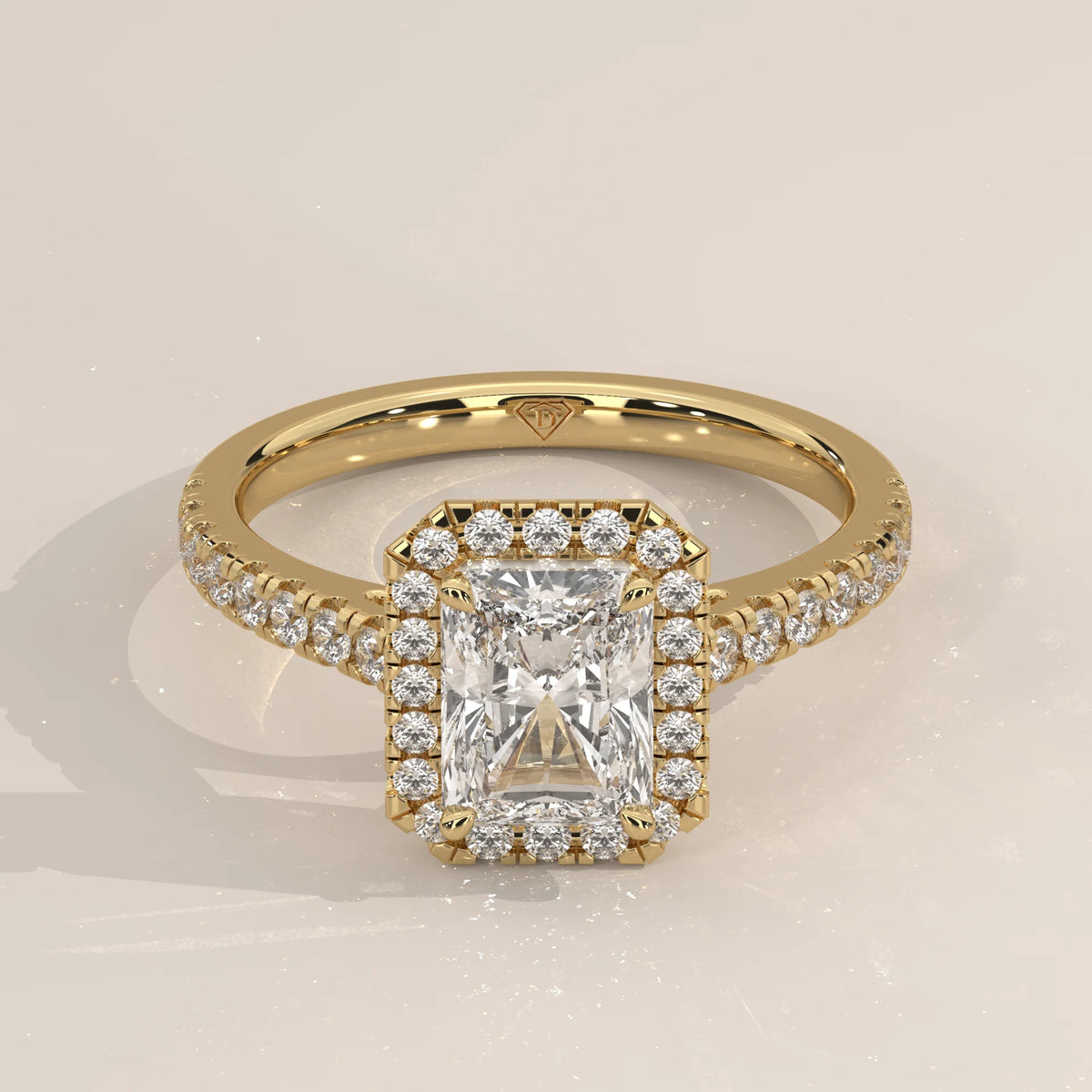Three-Quarter View: Radiant Diamond Engagement Ring with Halo Setting in Yellow Gold – Lab Grown – Driona Jewels